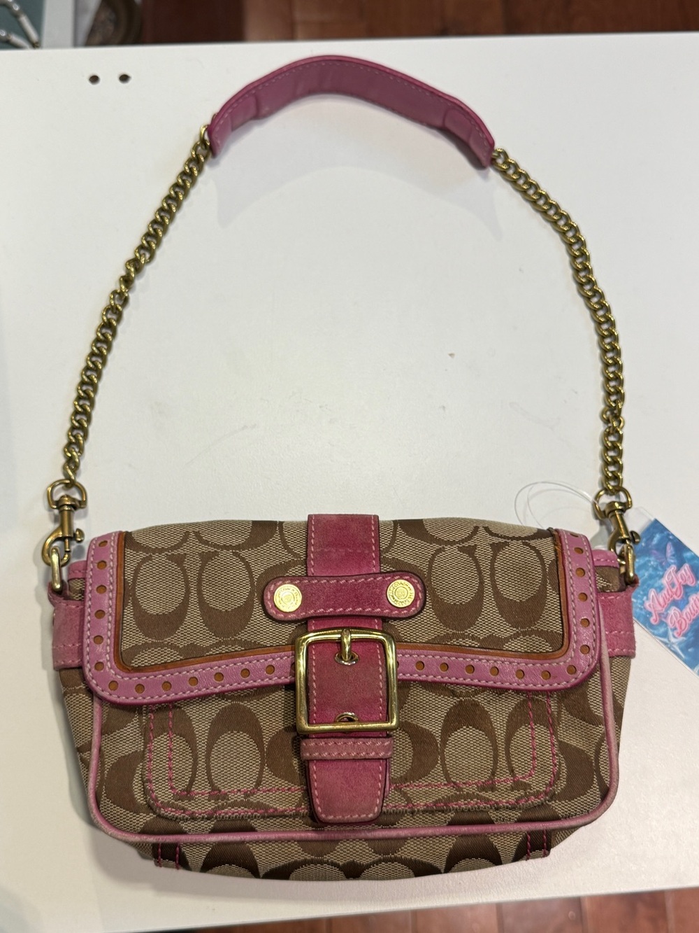 Coach Brown Signature Canvas Shoulder Bag with Pink Trim